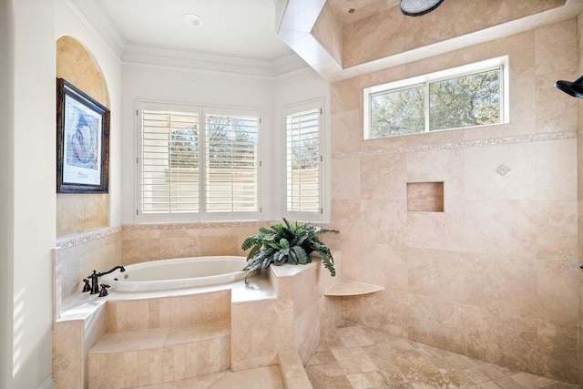 full bathroom with tiled shower, crown molding, and a bath