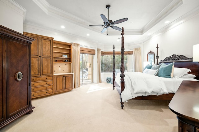 bedroom featuring recessed lighting, light carpet, access to outside, ornamental molding, and a raised ceiling