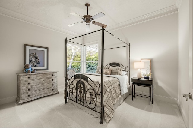 bedroom with ornamental molding, light carpet, baseboards, and a ceiling fan