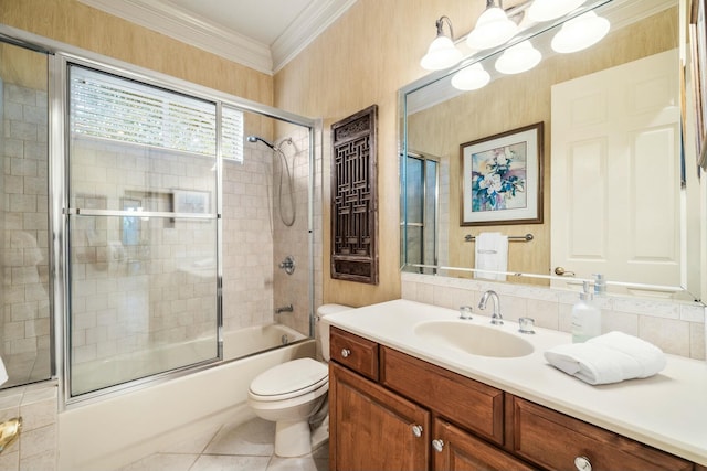 full bath featuring bath / shower combo with glass door, toilet, ornamental molding, vanity, and tile patterned flooring