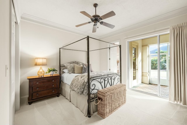 bedroom with access to exterior, carpet, ornamental molding, and a ceiling fan