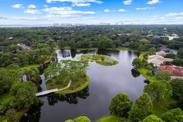 aerial view featuring a water view