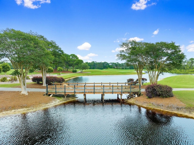 dock area featuring a water view and a lawn