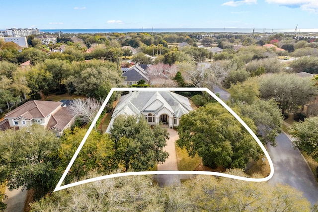 aerial view featuring a water view