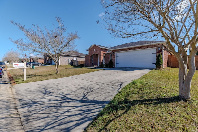 single story home with a garage, brick siding, fence, driveway, and a front lawn