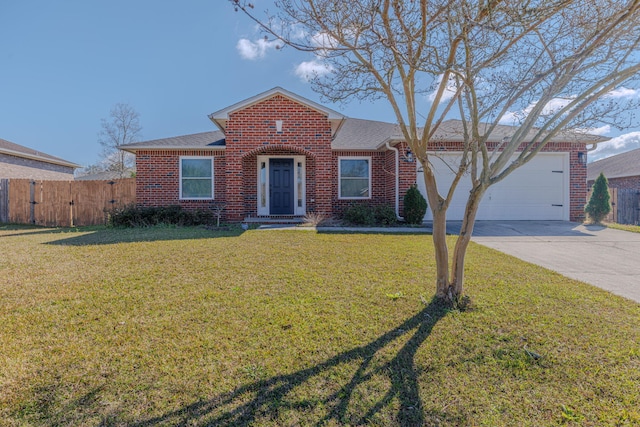 single story home with a gate, brick siding, fence, and an attached garage