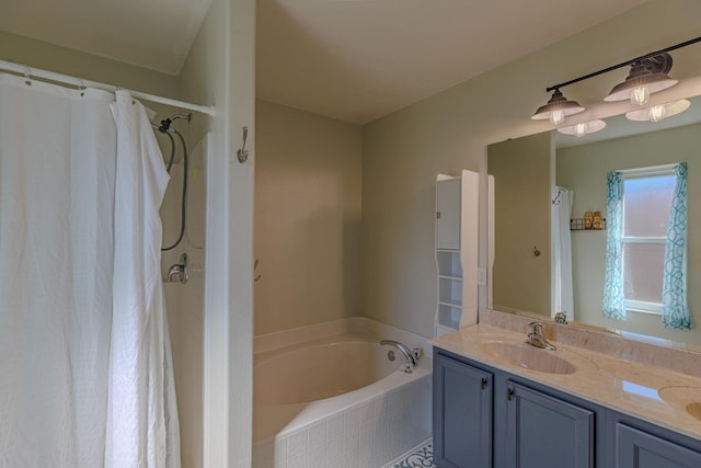 full bathroom featuring double vanity, a garden tub, curtained shower, and a sink