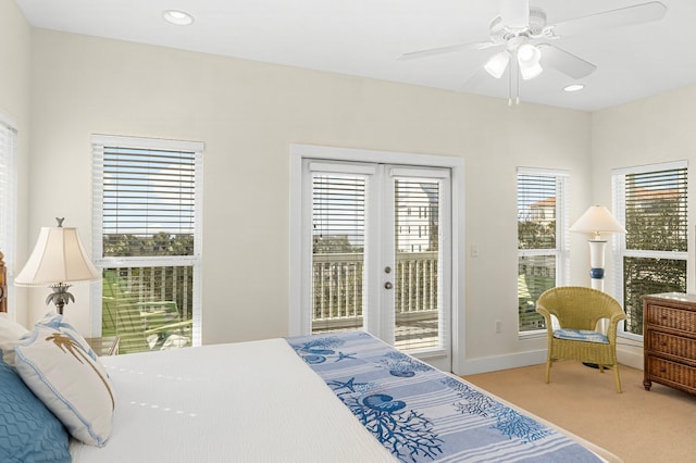 bedroom featuring access to exterior, french doors, recessed lighting, light colored carpet, and baseboards