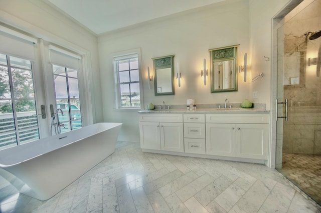 bathroom featuring double vanity, a stall shower, a sink, and a freestanding bath