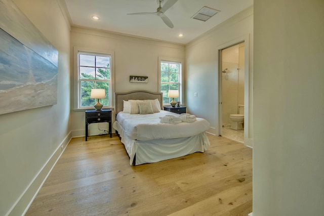 bedroom featuring recessed lighting, visible vents, light wood-style floors, ornamental molding, and baseboards