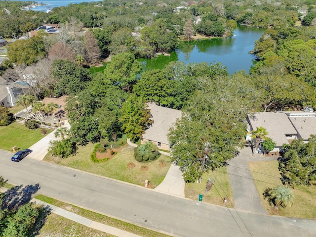 drone / aerial view with a water view