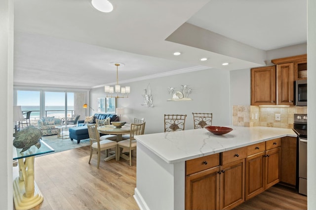 kitchen featuring a peninsula, light wood-style floors, open floor plan, appliances with stainless steel finishes, and backsplash