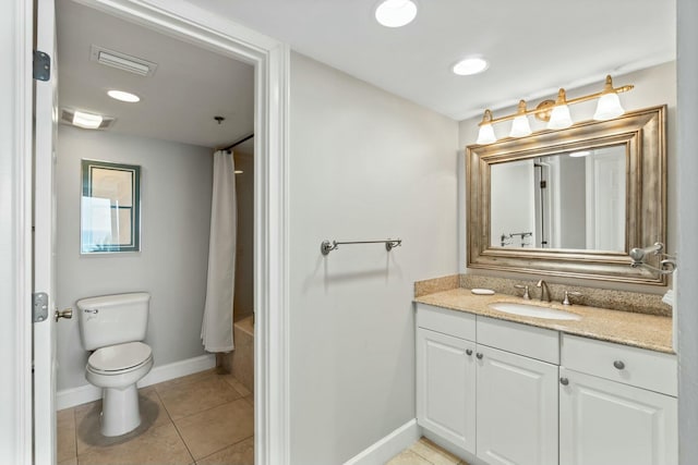 full bathroom with toilet, visible vents, tile patterned flooring, and vanity