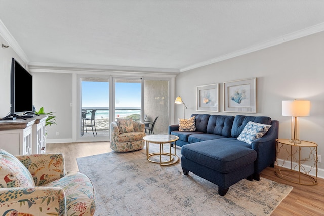 living area with baseboards, wood finished floors, and crown molding