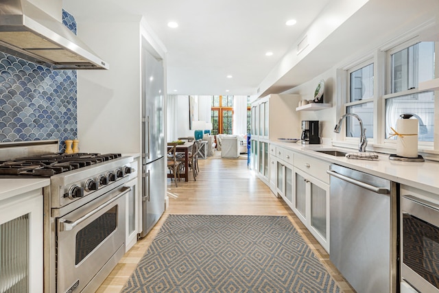 kitchen with range hood, high end appliances, light countertops, backsplash, and a sink