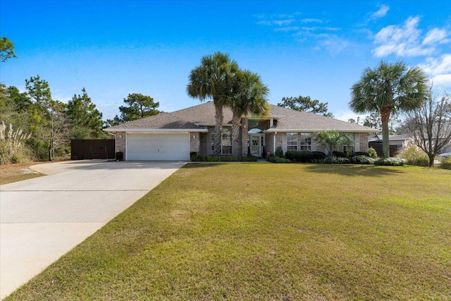 ranch-style house with an attached garage, brick siding, concrete driveway, and a front yard