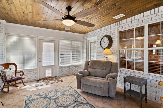 sunroom / solarium with a ceiling fan, wooden ceiling, and visible vents