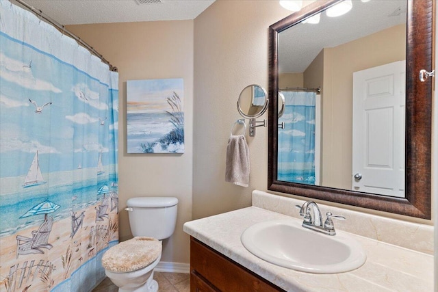 full bathroom with visible vents, a shower with shower curtain, toilet, tile patterned floors, and vanity