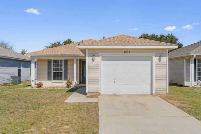 single story home with a garage, driveway, a shingled roof, central air condition unit, and a front yard