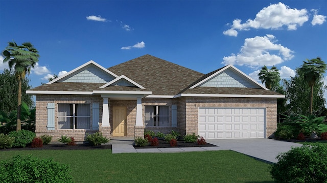 craftsman-style house featuring brick siding, roof with shingles, an attached garage, driveway, and a front lawn