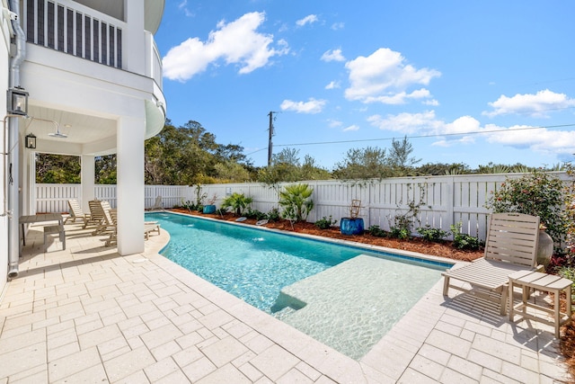 view of pool featuring a patio, a fenced backyard, and a fenced in pool