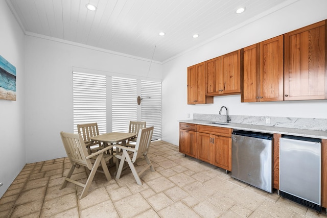 kitchen featuring recessed lighting, a sink, wood ceiling, stainless steel dishwasher, and brown cabinets