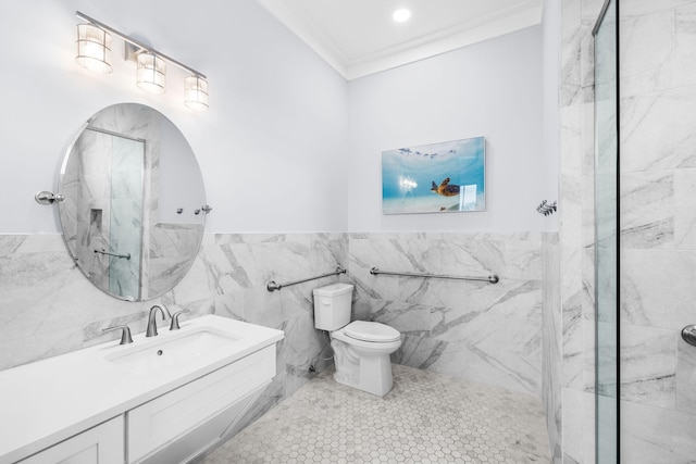 bathroom featuring ornamental molding, toilet, and a marble finish shower