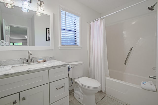 full bathroom featuring shower / tub combo with curtain, vanity, toilet, and tile patterned floors