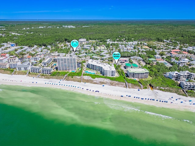 aerial view featuring a water view and a view of the beach