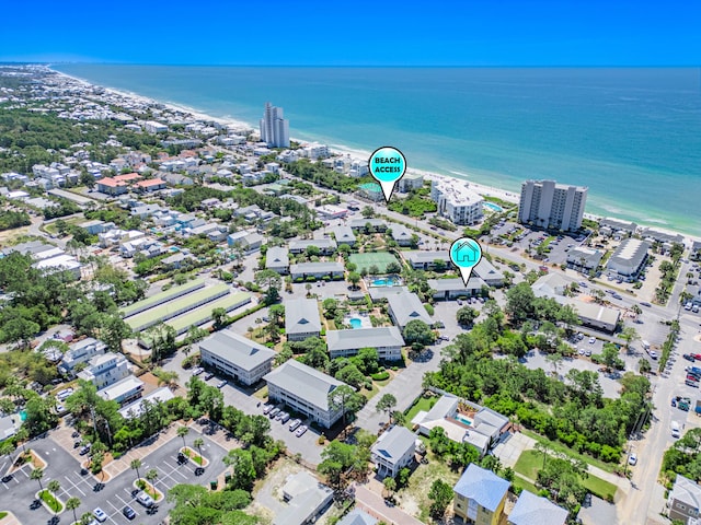 aerial view featuring a water view and a view of the beach