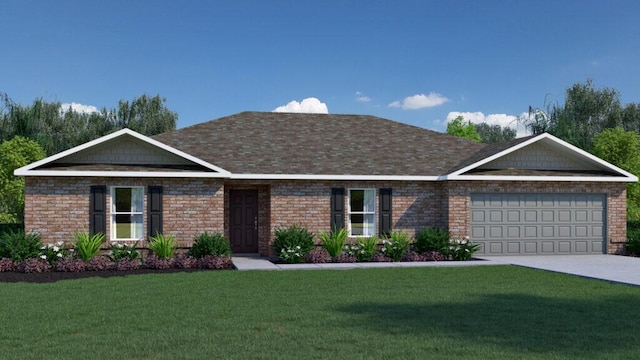 single story home featuring a garage, a front yard, concrete driveway, and a shingled roof