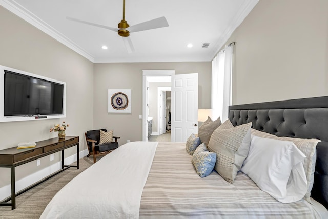 bedroom with baseboards, recessed lighting, visible vents, and crown molding