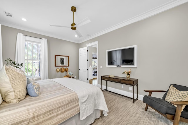 bedroom featuring recessed lighting, visible vents, ornamental molding, ceiling fan, and baseboards