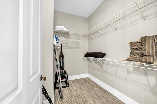 walk in closet with light colored carpet