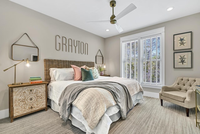 bedroom with ceiling fan, recessed lighting, carpet flooring, and baseboards