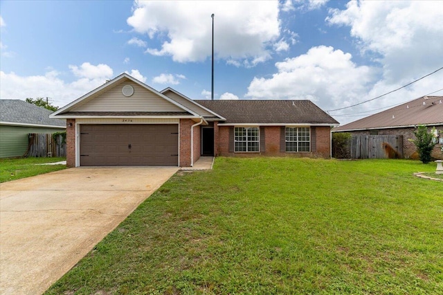 ranch-style house with brick siding, concrete driveway, an attached garage, fence, and a front lawn