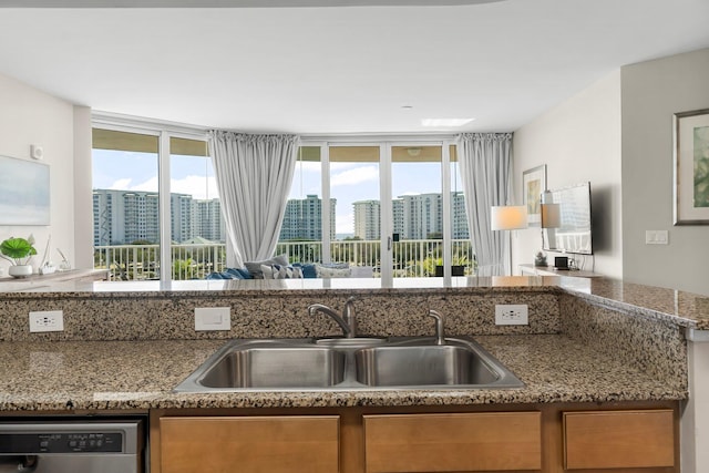 kitchen featuring brown cabinets, stainless steel dishwasher, a wealth of natural light, and a sink