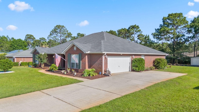 ranch-style house featuring concrete driveway, brick siding, an attached garage, and a front yard