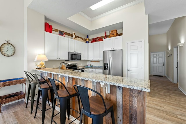 kitchen featuring a peninsula, light stone countertops, white cabinetry, and stainless steel appliances