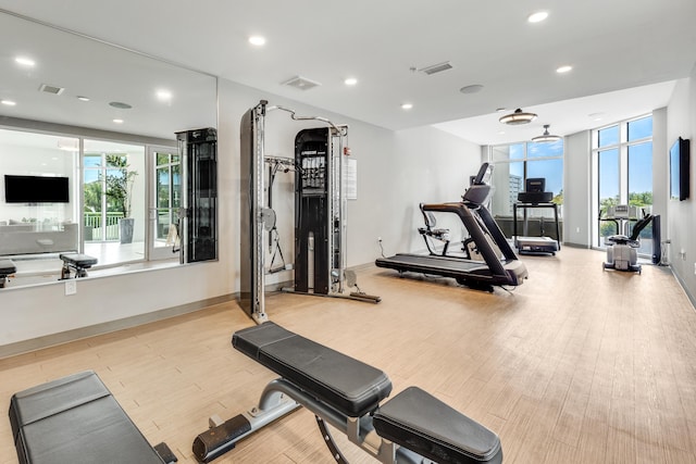 workout area featuring visible vents, a wealth of natural light, and light wood-style floors