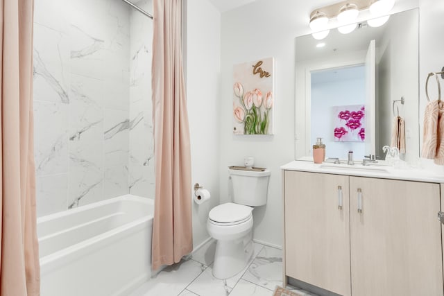 full bath featuring shower / bath combo, marble finish floor, vanity, and toilet