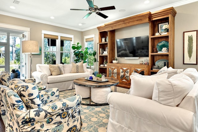 living room with crown molding, recessed lighting, visible vents, and ceiling fan