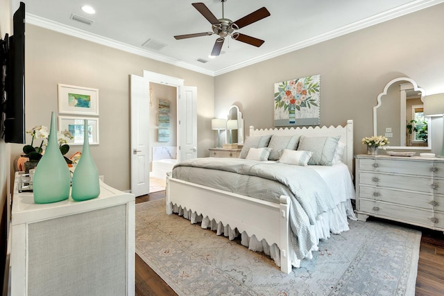 bedroom with crown molding, dark wood-style floors, and visible vents