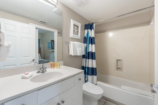 full bathroom with shower / tub combo, visible vents, vanity, and toilet