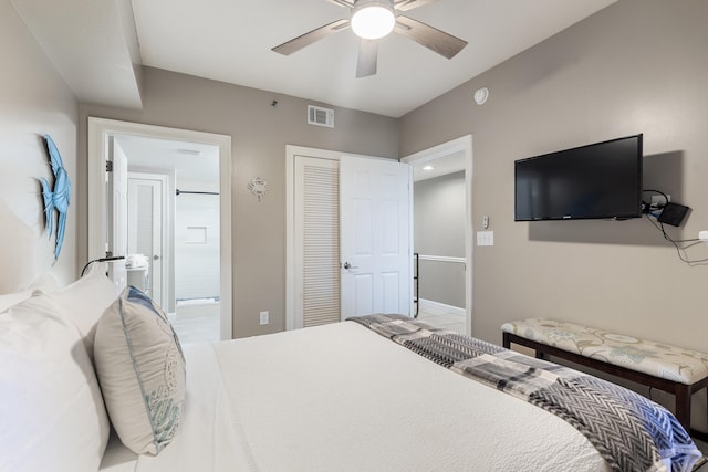 bedroom featuring ceiling fan, visible vents, a closet, and ensuite bathroom