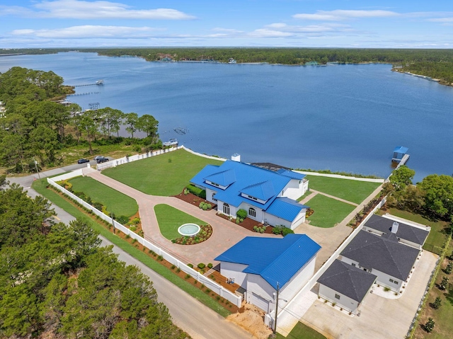 drone / aerial view with a water view