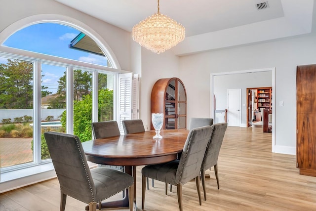 dining room featuring a chandelier, light wood finished floors, visible vents, and baseboards