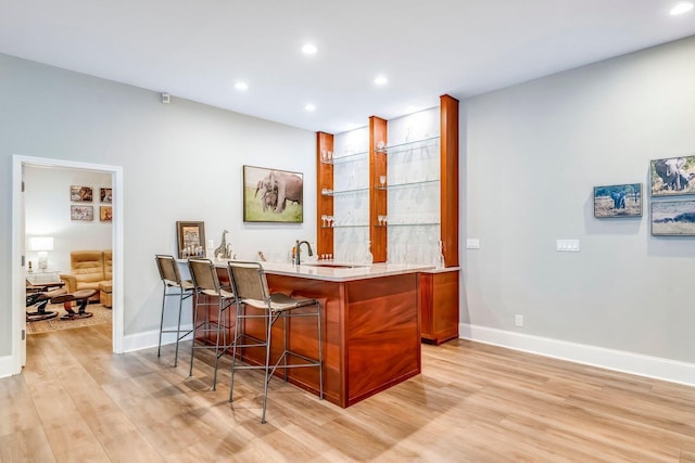 bar featuring baseboards, light wood finished floors, indoor wet bar, and recessed lighting