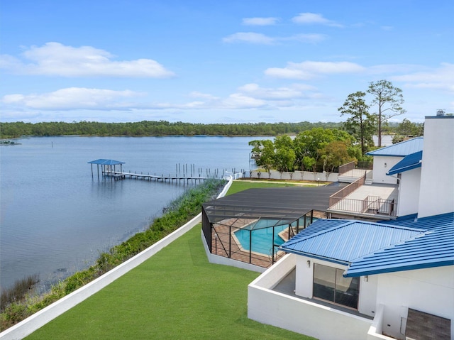 exterior space with a water view