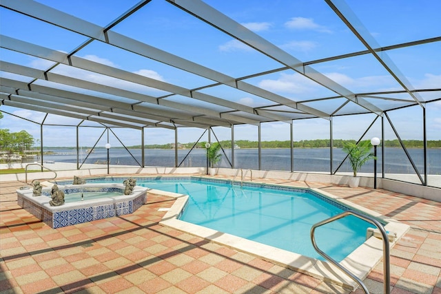 view of pool featuring a patio, a water view, a lanai, and a pool with connected hot tub